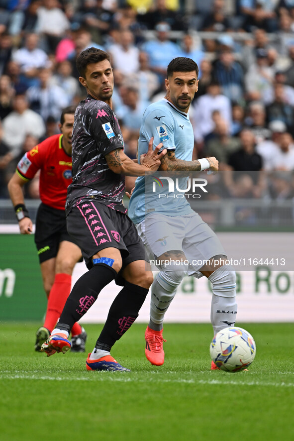 Alberto Grassi of Empoli F.C. and Mattia Zaccagni of S.S. Lazio are in action during the 7th day of the Serie A Championship between S.S. La...