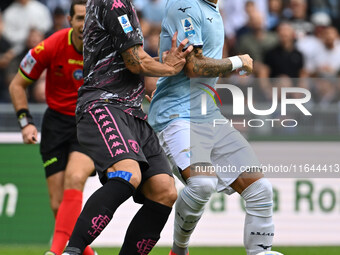 Alberto Grassi of Empoli F.C. and Mattia Zaccagni of S.S. Lazio are in action during the 7th day of the Serie A Championship between S.S. La...