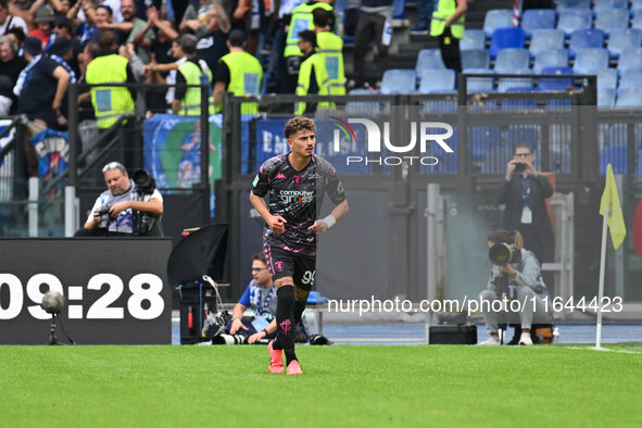 Sebastiano Esposito of Empoli F.C. celebrates after scoring the goal of 0-1 during the 7th day of the Serie A Championship between S.S. Lazi...