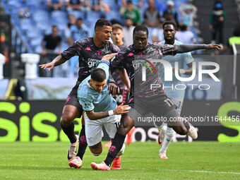 Tino Anjorin of Empoli F.C., Mattia Zaccagni of S.S. Lazio, and Emmanuel Gyasi of Empoli F.C. are in action during the 7th day of the Serie...