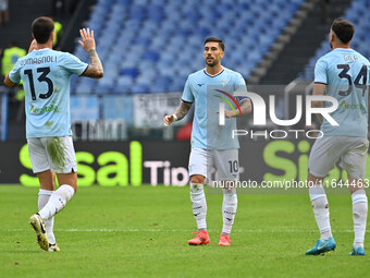 Mattia Zaccagni of S.S. Lazio celebrates after scoring the goal to make it 1-1 during the 7th day of the Serie A Championship between S.S. L...