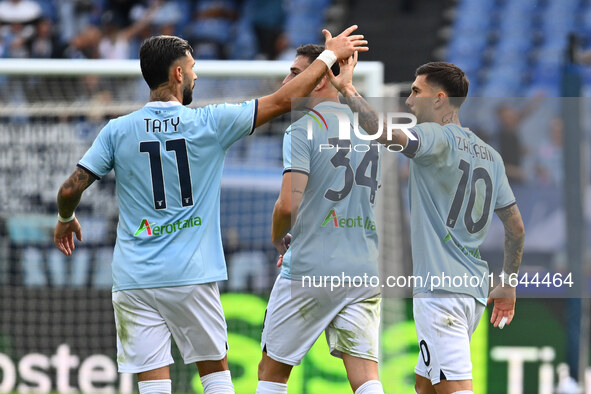 Mattia Zaccagni of S.S. Lazio celebrates after scoring the goal to make it 1-1 during the 7th day of the Serie A Championship between S.S. L...