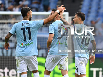 Mattia Zaccagni of S.S. Lazio celebrates after scoring the goal to make it 1-1 during the 7th day of the Serie A Championship between S.S. L...