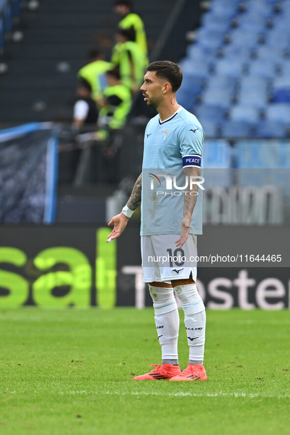 Mattia Zaccagni of S.S. Lazio celebrates after scoring the goal to make it 1-1 during the 7th day of the Serie A Championship between S.S. L...