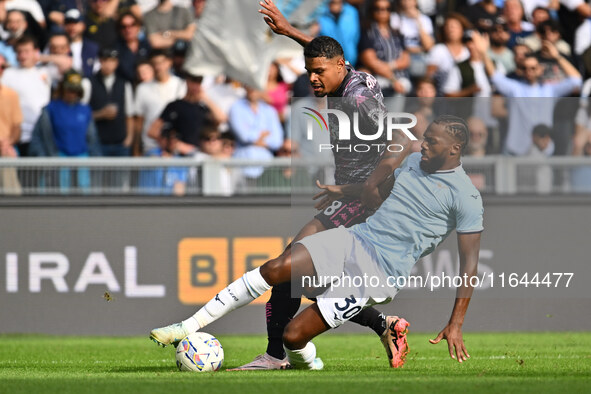 Tino Anjorin of Empoli F.C. and Nuno Tavares of S.S. Lazio are in action during the 7th day of the Serie A Championship between S.S. Lazio a...