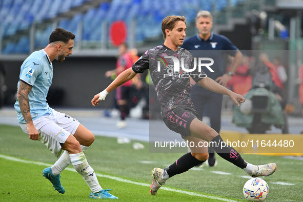 Mario Gila of S.S. Lazio and Jacopo Fazzini of Empoli F.C. are in action during the 7th day of the Serie A Championship between S.S. Lazio a...