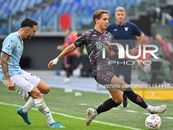 Mario Gila of S.S. Lazio and Jacopo Fazzini of Empoli F.C. are in action during the 7th day of the Serie A Championship between S.S. Lazio a...