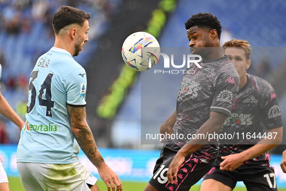 Mario Gila of S.S. Lazio and Emmanuel Ekong of Empoli F.C. are in action during the 7th day of the Serie A Championship between S.S. Lazio a...