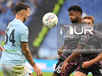 Mario Gila of S.S. Lazio and Emmanuel Ekong of Empoli F.C. are in action during the 7th day of the Serie A Championship between S.S. Lazio a...