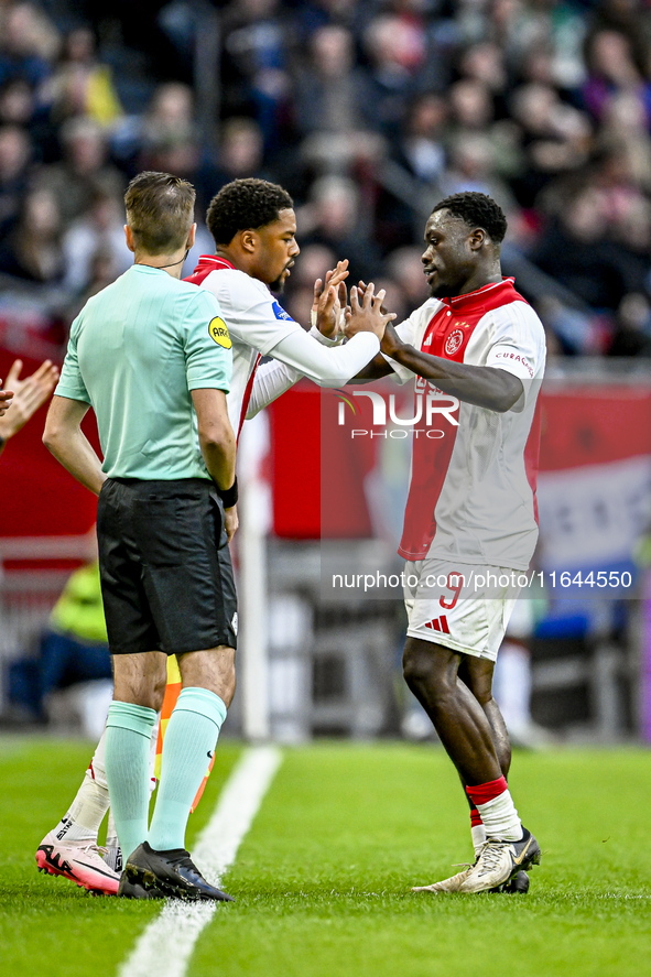 AFC Ajax Amsterdam forwards Chuba Akpom and Brian Brobbey play during the match between Ajax and Groningen at the Johan Cruijff ArenA for th...