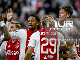 AFC Ajax Amsterdam forwards Chuba Akpom and Wout Weghorst celebrate a goal during the match between Ajax and Groningen at the Johan Cruijff...