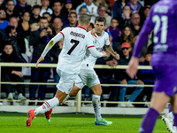 Christian Pulisic of AC Milan celebrates after scoring first goal during the Serie A Enilive match between ACF Fiorentina and AC Milan at St...