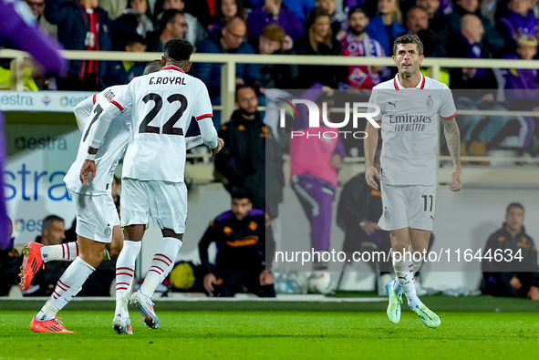 Christian Pulisic of AC Milan celebrates after scoring first goal during the Serie A Enilive match between ACF Fiorentina and AC Milan at St...