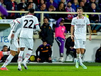 Christian Pulisic of AC Milan celebrates after scoring first goal during the Serie A Enilive match between ACF Fiorentina and AC Milan at St...