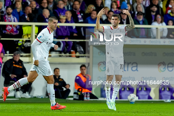 Christian Pulisic of AC Milan celebrates after scoring first goal during the Serie A Enilive match between ACF Fiorentina and AC Milan at St...