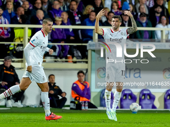 Christian Pulisic of AC Milan celebrates after scoring first goal during the Serie A Enilive match between ACF Fiorentina and AC Milan at St...