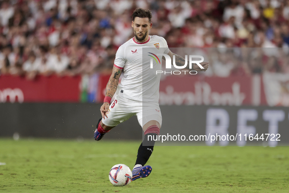 Nemanja Gudelj of Sevilla FC hits the ball during the La Liga EA Sports match between Sevilla FC and Real Betis at Sanchez Pizjuan in Sevill...