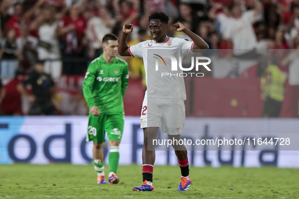 Albert Sambi Lokonga of Sevilla FC celebrates winning during the La Liga EA Sports match between Sevilla FC and Real Betis at Sanchez Pizjua...