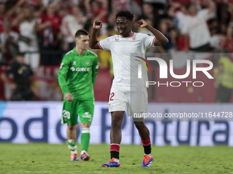 Albert Sambi Lokonga of Sevilla FC celebrates winning during the La Liga EA Sports match between Sevilla FC and Real Betis at Sanchez Pizjua...