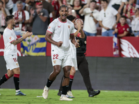 Loic Bade of Sevilla FC celebrates winning during the La Liga EA Sports match between Sevilla FC and Real Betis at Sanchez Pizjuan in Sevill...