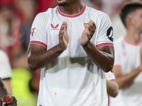 Loic Bade of Sevilla FC celebrates winning during the La Liga EA Sports match between Sevilla FC and Real Betis at Sanchez Pizjuan in Sevill...