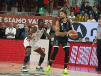 Kyle Weems of Bertram Derthona Tortona and Gabe Brown of Openjobmetis Varese play during the LBA Italy Championship match between Openjobmet...