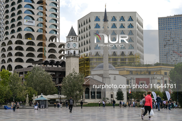 TIRANA, ALBANIA - SEPTEMBER 16:   
View of the Hajji Et'hem Bey Mosque and the Clock tower in the Skanderbeg Square, seen on September 16, 2...