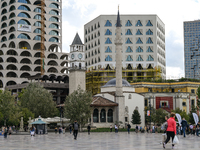 TIRANA, ALBANIA - SEPTEMBER 16:   
View of the Hajji Et'hem Bey Mosque and the Clock tower in the Skanderbeg Square, seen on September 16, 2...