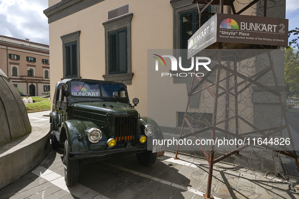 TIRANA, ALBANIA - SEPTEMBER 16:   
A vintage military car near the entrance of the Bunk'Art 2 Museum, seen on September 16, 2024, in Tirana,...