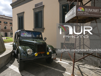 TIRANA, ALBANIA - SEPTEMBER 16:   
A vintage military car near the entrance of the Bunk'Art 2 Museum, seen on September 16, 2024, in Tirana,...