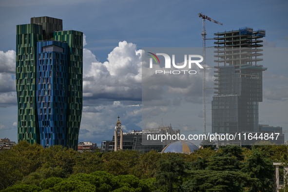 TIRANA, ALBANIA - SEPTEMBER 16:   
View of the modern skyscrapers in the Albanian capital, seen on September 16, 2024, in Tirana, Albania. 