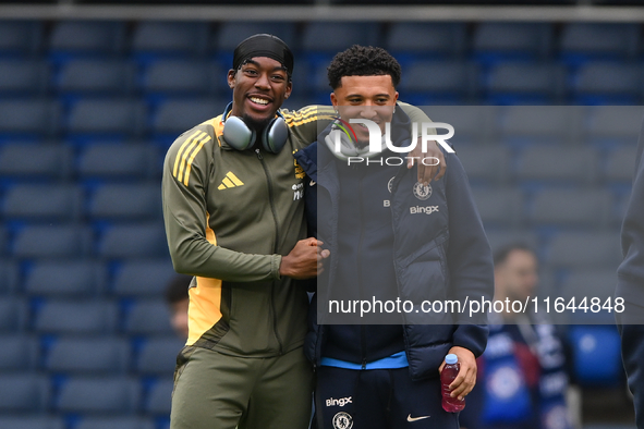 Anthony Elanga of Nottingham Forest and Jadon Sancho of Chelsea participate in the Premier League match between Chelsea and Nottingham Fores...