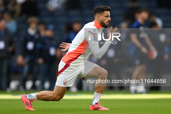 Alex Moreno of Nottingham Forest warms up ahead of kick-off during the Premier League match between Chelsea and Nottingham Forest at Stamfor...