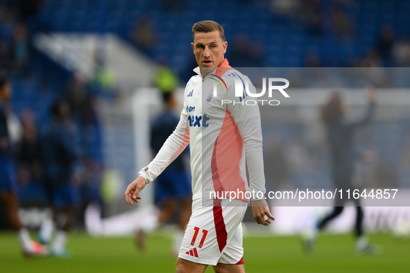 Chris Wood of Nottingham Forest plays during the Premier League match between Chelsea and Nottingham Forest at Stamford Bridge in London, En...