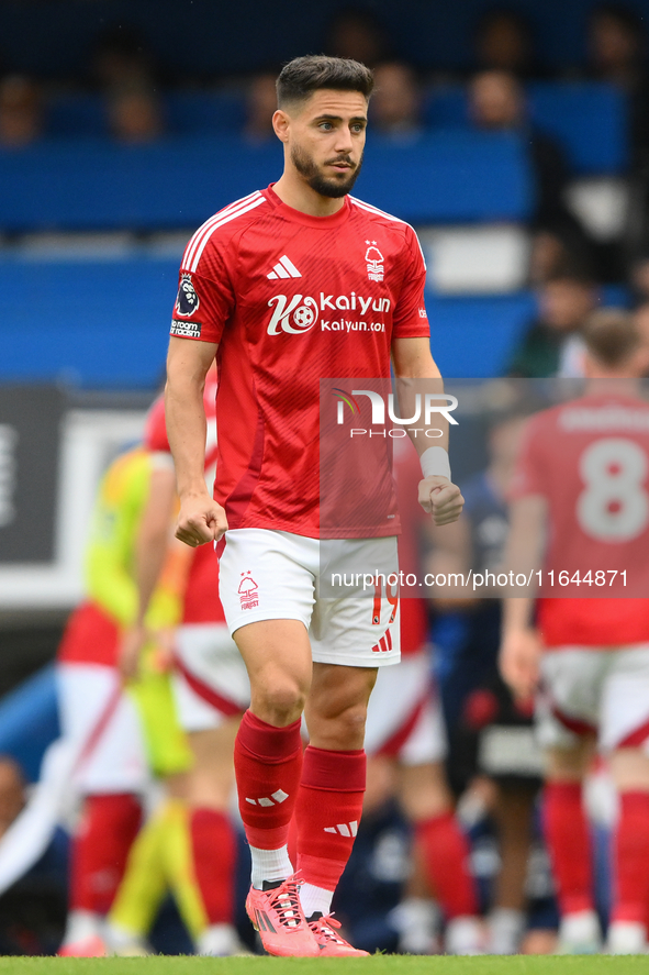 Alex Moreno of Nottingham Forest plays during the Premier League match between Chelsea and Nottingham Forest at Stamford Bridge in London, E...