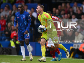 Matz Sels, Nottingham Forest goalkeeper, is in action during the Premier League match between Chelsea and Nottingham Forest at Stamford Brid...