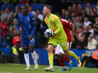 Matz Sels, Nottingham Forest goalkeeper, is in action during the Premier League match between Chelsea and Nottingham Forest at Stamford Brid...