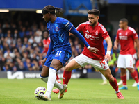 Noni Madueke of Chelsea is under pressure from Alex Moreno of Nottingham Forest during the Premier League match between Chelsea and Nottingh...