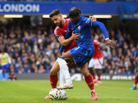 Alex Moreno of Nottingham Forest battles with Noni Madueke of Chelsea during the Premier League match between Chelsea and Nottingham Forest...