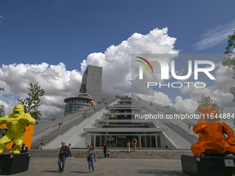 TIRANA, ALBANIA - SEPTEMBER 16:   
View of the Pyramid of Tirana, with the Panda and the Wild Kong sculptures by Richard Orlinski, seen on S...