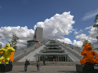 TIRANA, ALBANIA - SEPTEMBER 16:   
View of the Pyramid of Tirana, with the Panda and the Wild Kong sculptures by Richard Orlinski, seen on S...