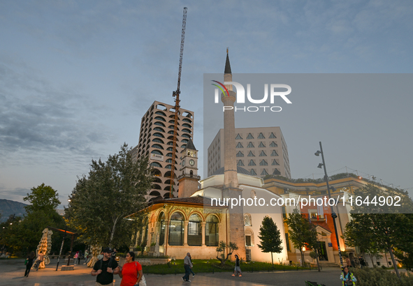 TIRANA, ALBANIA - SEPTEMBER 16:   
View of the Hajji Et'hem Bey Mosque and the Clock tower behind it in the Skanderbeg Square, seen on Septe...