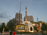 TIRANA, ALBANIA - SEPTEMBER 16:   
View of the Hajji Et'hem Bey Mosque and the Clock tower behind it in the Skanderbeg Square, seen on Septe...