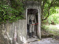 TIRANA, ALBANIA - SEPTEMBER 16:   
The checkpoint with a dummy soldier at the entrance to the Bunk'Art Museum, a vast underground bunker bui...