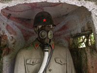 TIRANA, ALBANIA - SEPTEMBER 16:   
The checkpoint with a dummy soldier at the entrance to the Bunk'Art Museum, a vast underground bunker bui...