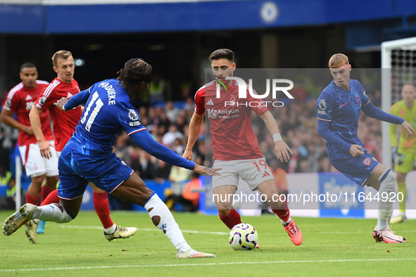 Alex Moreno of Nottingham Forest is under pressure from Noni Madueke of Chelsea during the Premier League match between Chelsea and Nottingh...