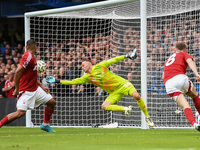 Matz Sels, Nottingham Forest goalkeeper, makes a diving save during the Premier League match between Chelsea and Nottingham Forest at Stamfo...