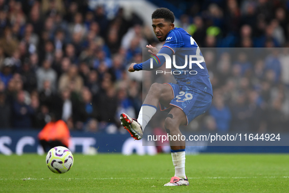 Wesley Fofana of Chelsea passes the ball during the Premier League match between Chelsea and Nottingham Forest at Stamford Bridge in London,...