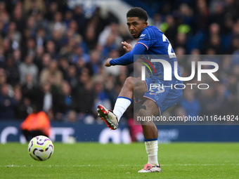 Wesley Fofana of Chelsea passes the ball during the Premier League match between Chelsea and Nottingham Forest at Stamford Bridge in London,...