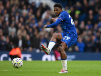 Wesley Fofana of Chelsea passes the ball during the Premier League match between Chelsea and Nottingham Forest at Stamford Bridge in London,...